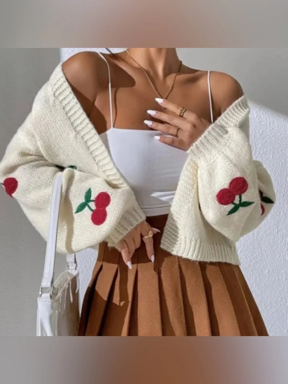 Cream Cherry Knit Cardigan Sweater - Picture 2 of 5